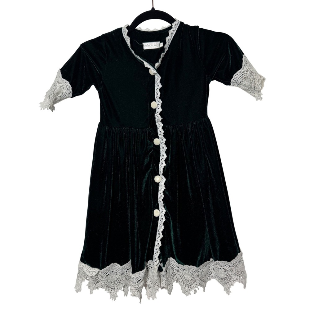 Trish Scully Velvet Lace Trim Dress Size 7 Green Excellent Holiday Victorian